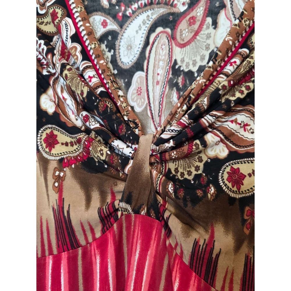Red Paisley Ikat Print Sleeveless V-Neck Knot Front Maxi Dress Large - Picture 7 of 11